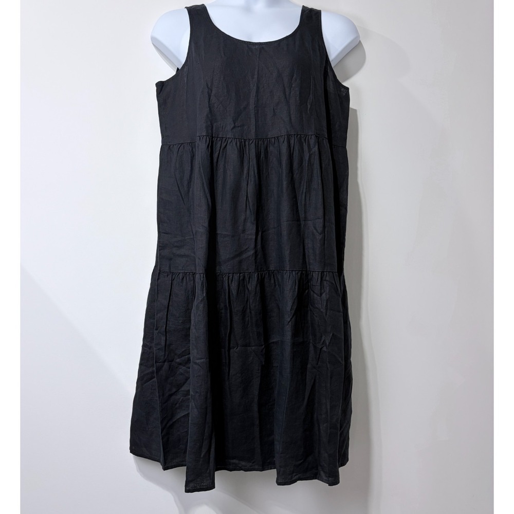 NEW Eileen Fisher Black 100% Handkerchief Organic Linen Tank Midi Dress Sz Large